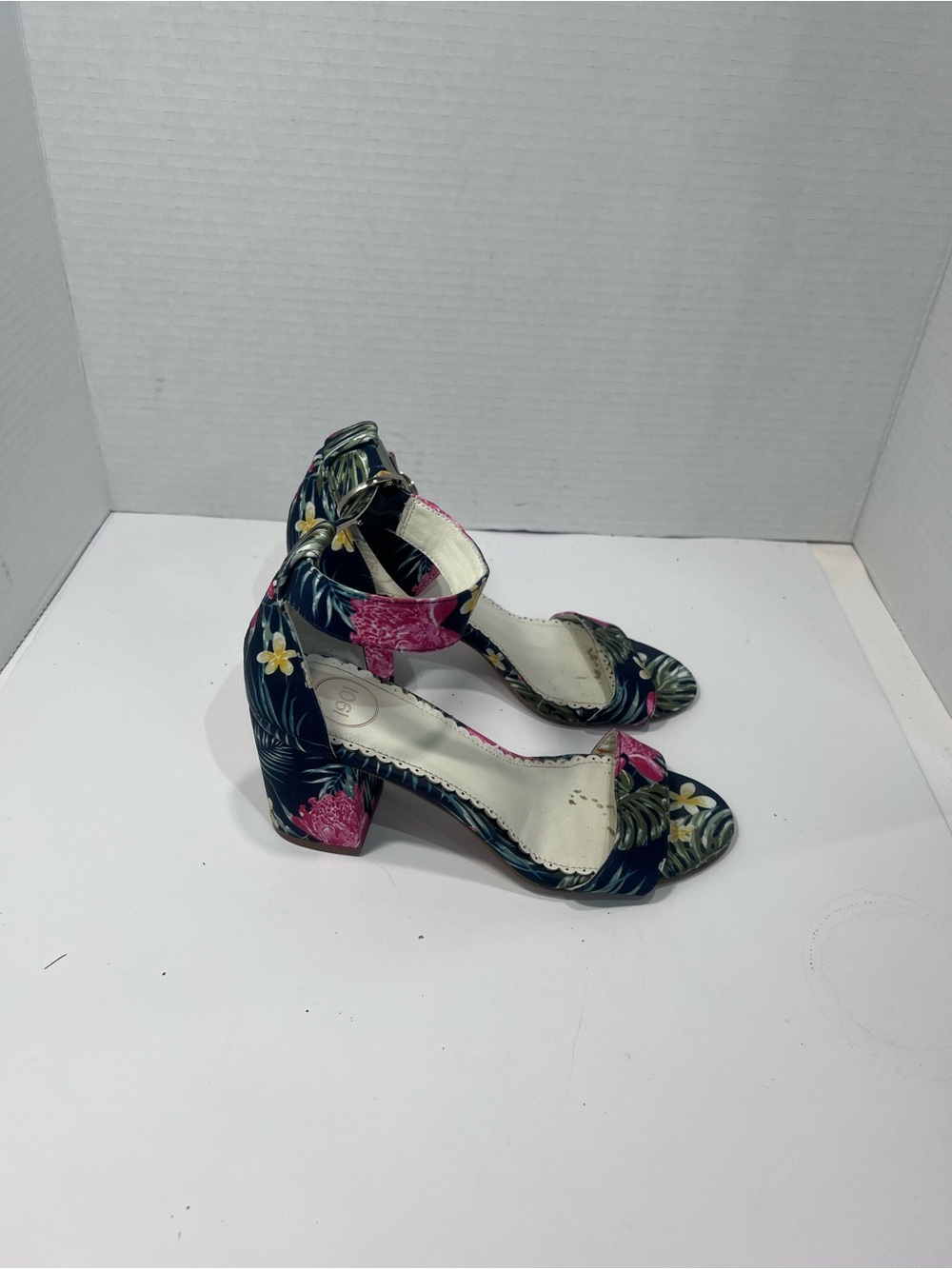 1901 Navy Floral Block Heel Sandals with Pink Accents